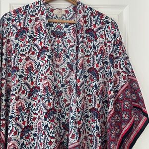 LOFT Paisley Print Open Front Kimono Red Blue White Navy w Border Print